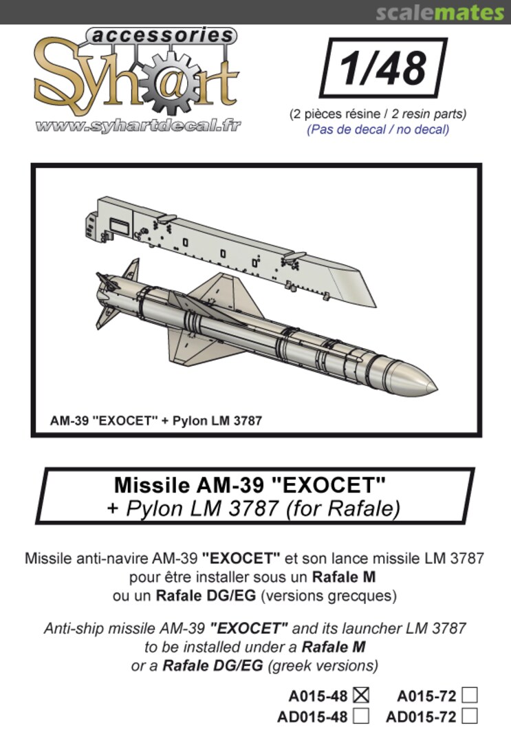 Boxart AM39 "Exocet" & pylon for Rafale A015-48 Syhart Boxart AM39 "Exocet" & pylon for Rafale A015-48 Syhart
