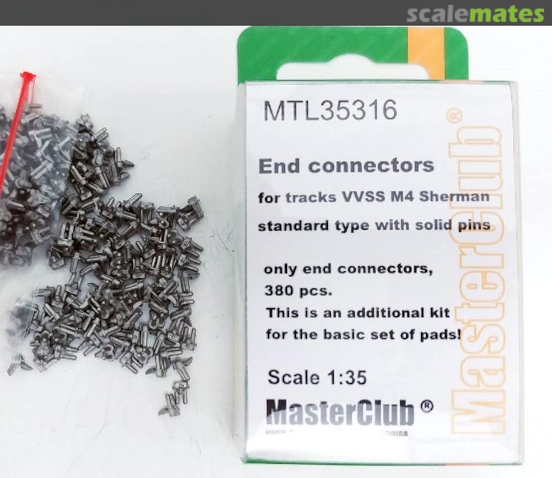 Boxart End connectors (w. solid pins) for tracks VVSS M4 Sherman MTL35316 MasterClub Boxart End connectors (w. solid pins) for tracks VVSS M4 Sherman MTL35316 MasterClub
