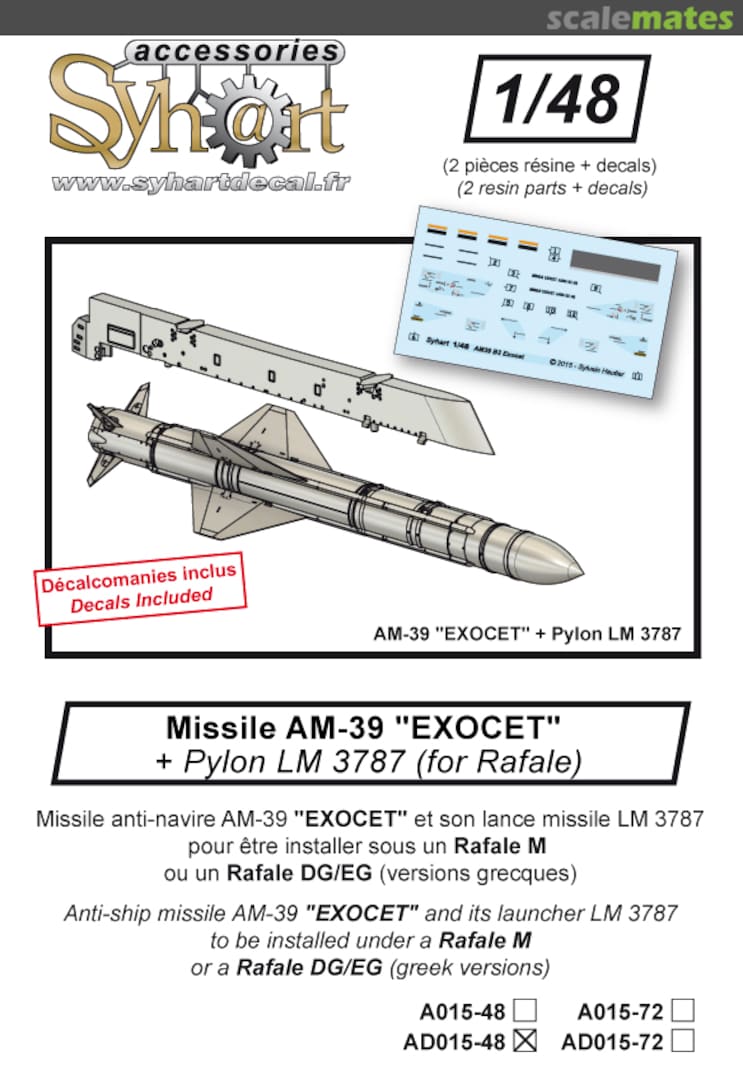Boxart AM39 "Exocet" & pylon for Rafale AD015-48 Syhart Boxart AM39 "Exocet" & pylon for Rafale AD015-48 Syhart