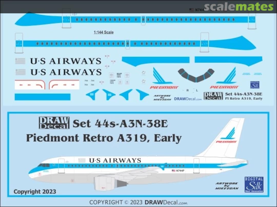Boxart US Airways Piedmont Retro A319, Early Version 44-A3N-38E Draw Decal Boxart US Airways Piedmont Retro A319, Early Version 44-A3N-38E Draw Decal