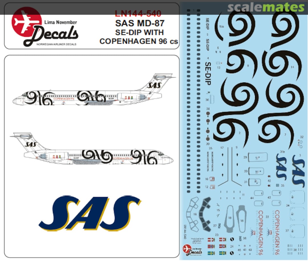 Boxart McDonnell-Douglas MD-87 SAS Scandinavian Airline Systems SE-DIP in the Copenhagen 96 scheme. LN144-540 Lima November Decals Boxart McDonnell-Douglas MD-87 SAS Scandinavian Airline Systems SE-DIP in the Copenhagen 96 scheme. LN144-540 Lima November Decals