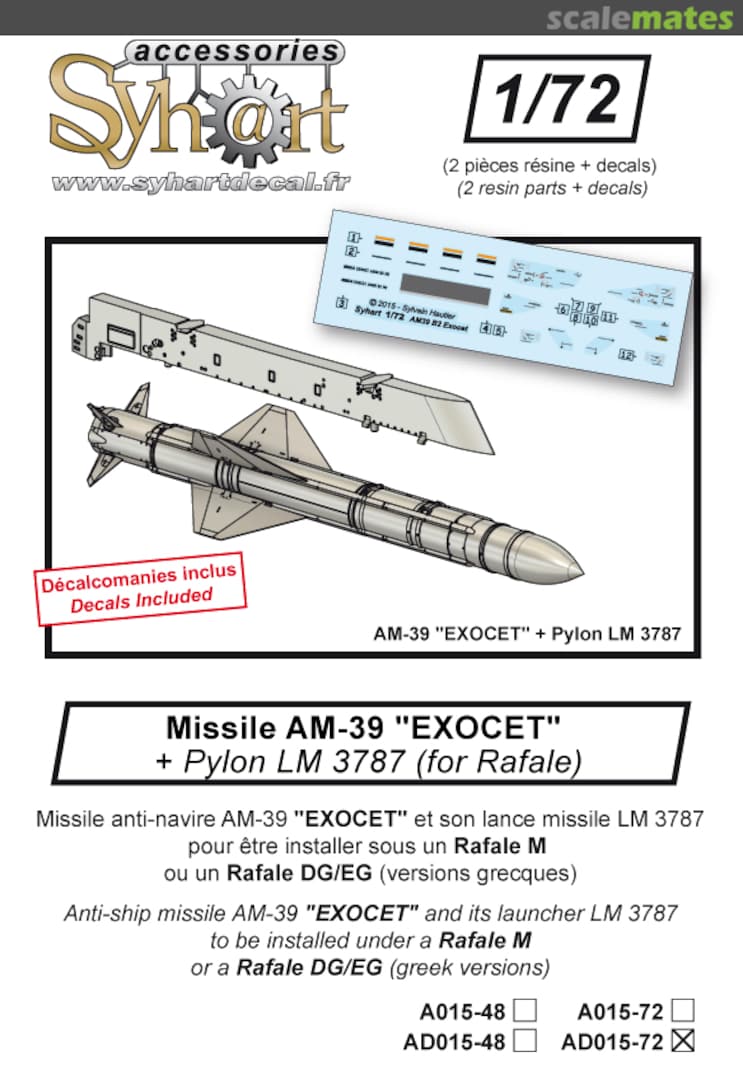 Boxart AM39 "Exocet" & pylon for Rafale AD015-72 Syhart Boxart AM39 "Exocet" & pylon for Rafale AD015-72 Syhart