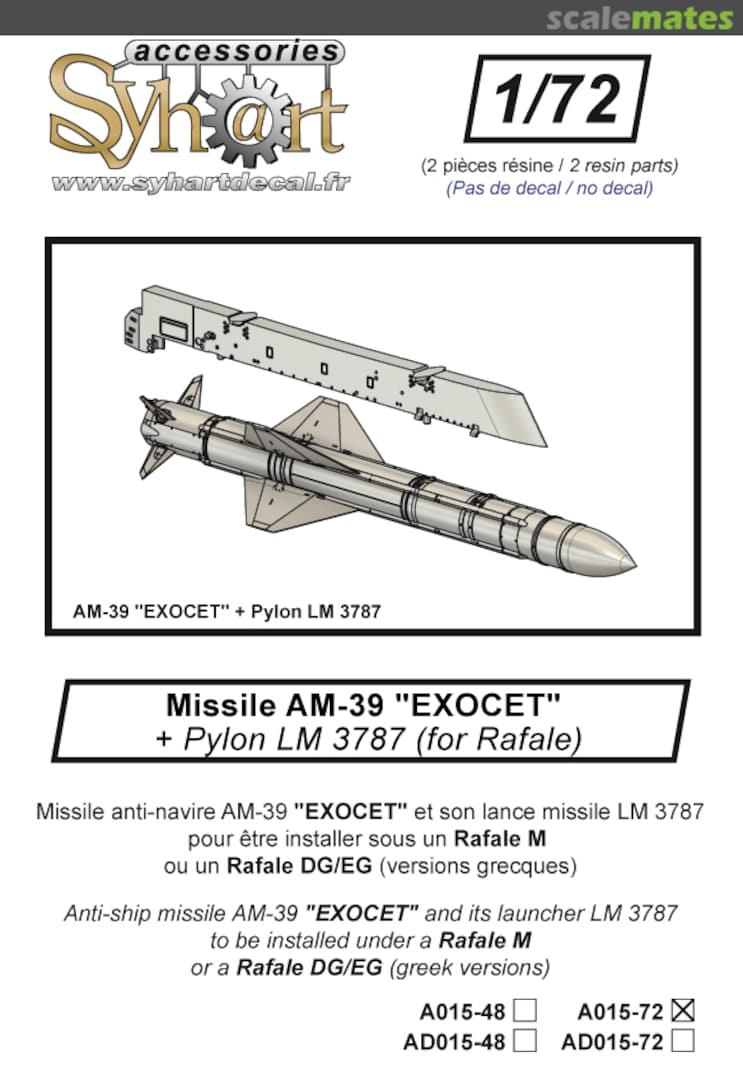 Boxart AM39 "Exocet" & pylon for Rafale A015-72 Syhart Boxart AM39 "Exocet" & pylon for Rafale A015-72 Syhart