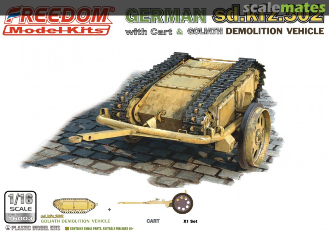 Boxart Sd.kfz. 302 Goliath Demolition Vehicle with cart 16003 Freedom Model Kits Boxart Sd.kfz. 302 Goliath Demolition Vehicle with cart 16003 Freedom Model Kits