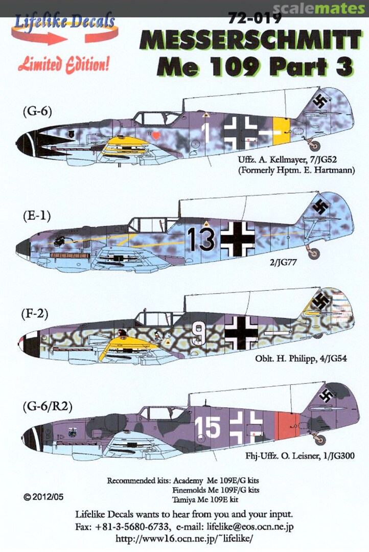 Boxart Messerschmitt Me109 Part 3 72-019 Lifelike Decals Boxart Messerschmitt Me109 Part 3 72-019 Lifelike Decals