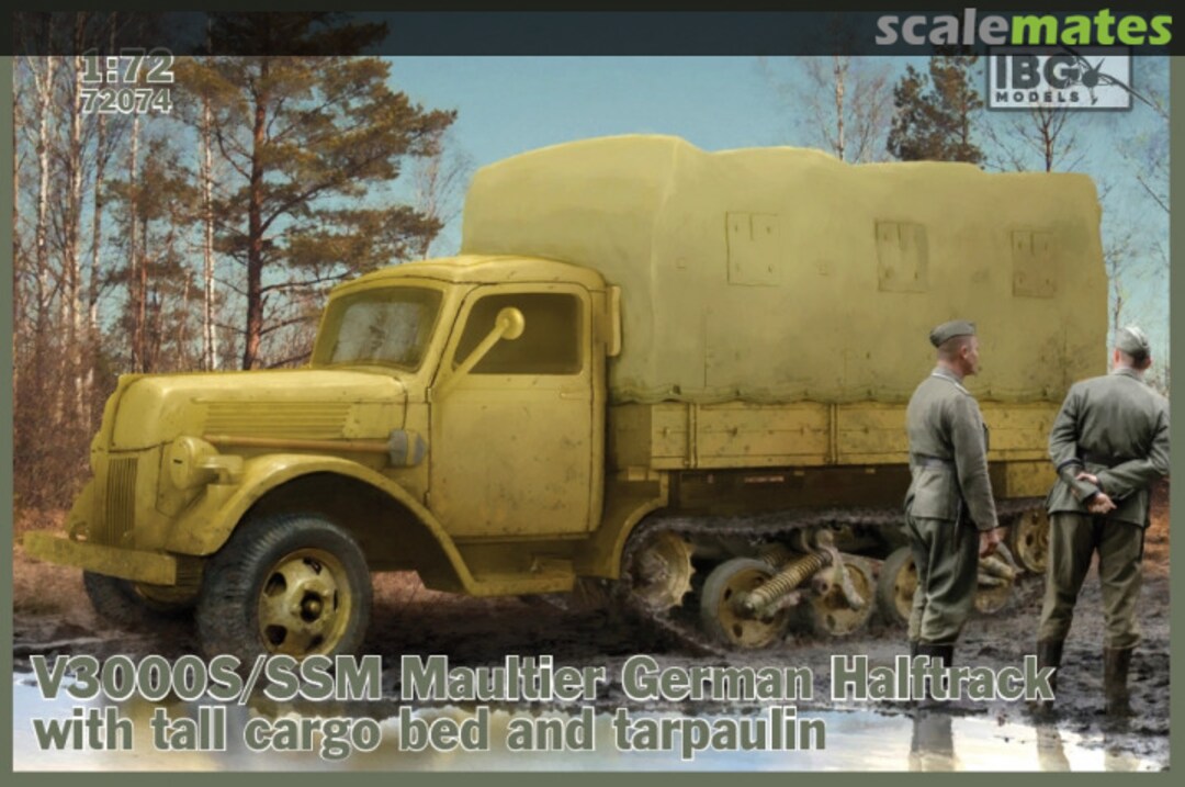 Boxart V3000S/SSM Maultier German Half Track with tall cargo bed and tarpaulin 72074 IBG Models Boxart V3000S/SSM Maultier German Half Track with tall cargo bed and tarpaulin 72074 IBG Models