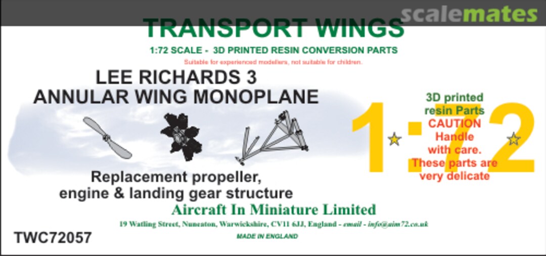 Boxart Lee-Richards Annular Monoplane Detail parts set TWC72057 Aircraft In Miniature Ltd Boxart Lee-Richards Annular Monoplane Detail parts set TWC72057 Aircraft In Miniature Ltd