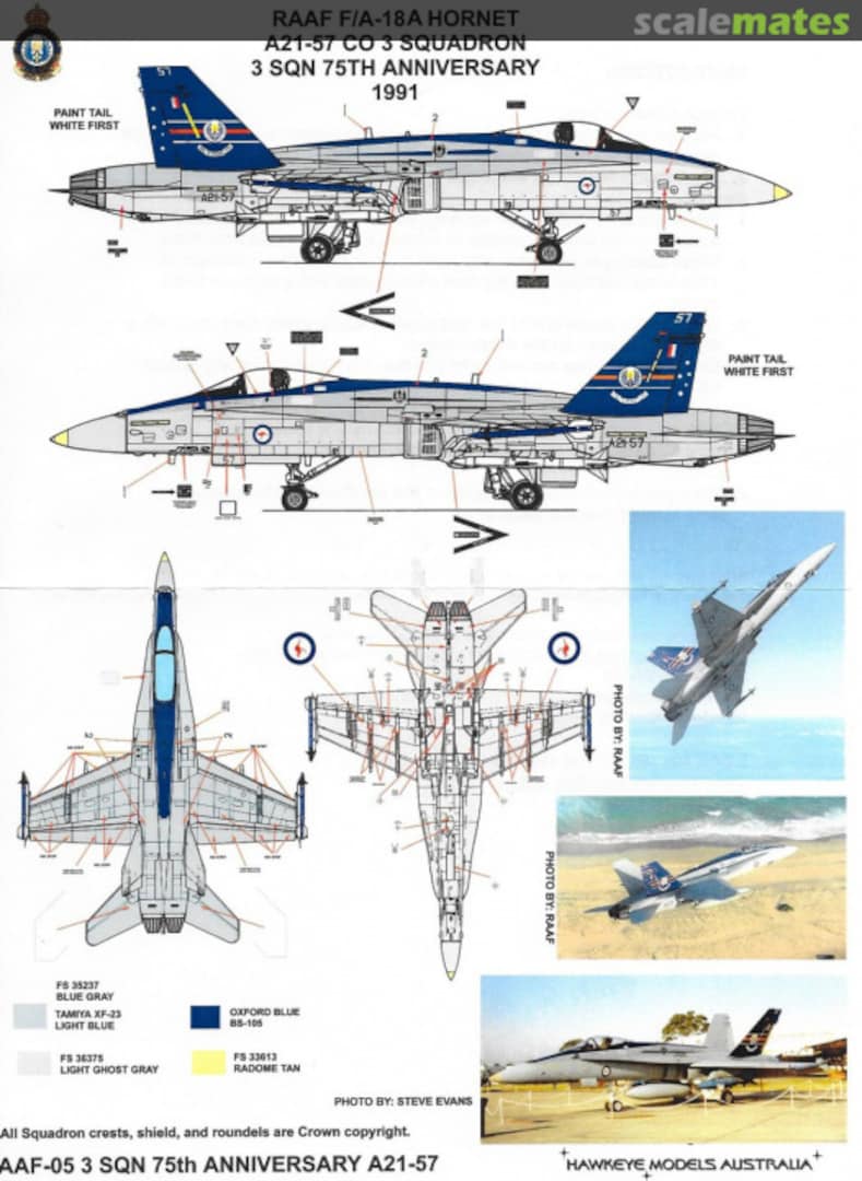 Boxart RAAF F/A-18A Hornet, A21-57, 3 Sqn. 75th Anniversary, 1991 AAF-005 Hawkeye Models Boxart RAAF F/A-18A Hornet, A21-57, 3 Sqn. 75th Anniversary, 1991 AAF-005 Hawkeye Models