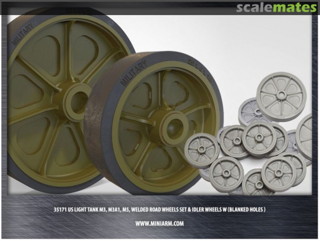 Boxart US Light Tank M3, M3A1, M5 Welded Road Wheels Set & Idler Wheels (with Blanked Holes ) 35171 Miniarm Boxart US Light Tank M3, M3A1, M5 Welded Road Wheels Set & Idler Wheels (with Blanked Holes ) 35171 Miniarm