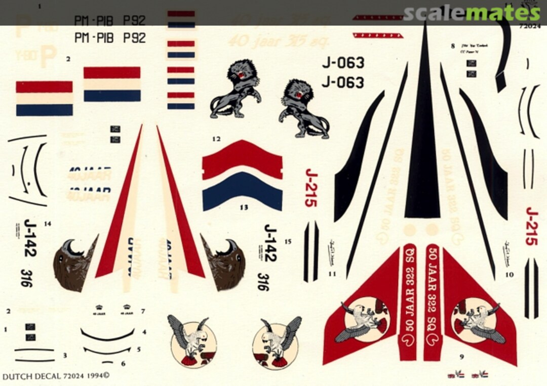 Boxart F-16A Royal Netherlands Air Force '40 Jaar 315 Sqn.' F-16A '40 Jaar 316 Sqn.' F-16A '50 Jaar 322 Sqn.' PBY Catalina RNethNavy 72024 Dutch Decal