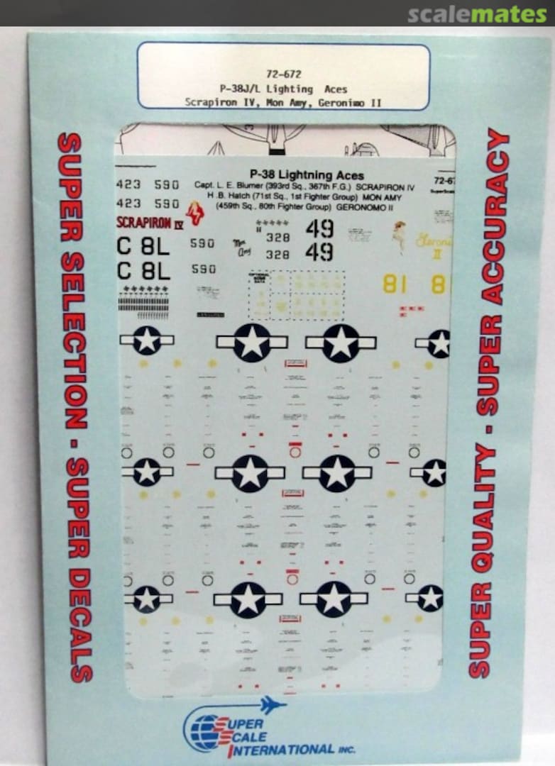 Boxart P-38J/L LIGHTNING ACES Scrap Iron IV, Mon Amy, Geronimo II 72-672 SuperScale International Boxart P-38J/L LIGHTNING ACES Scrap Iron IV, Mon Amy, Geronimo II 72-672 SuperScale International