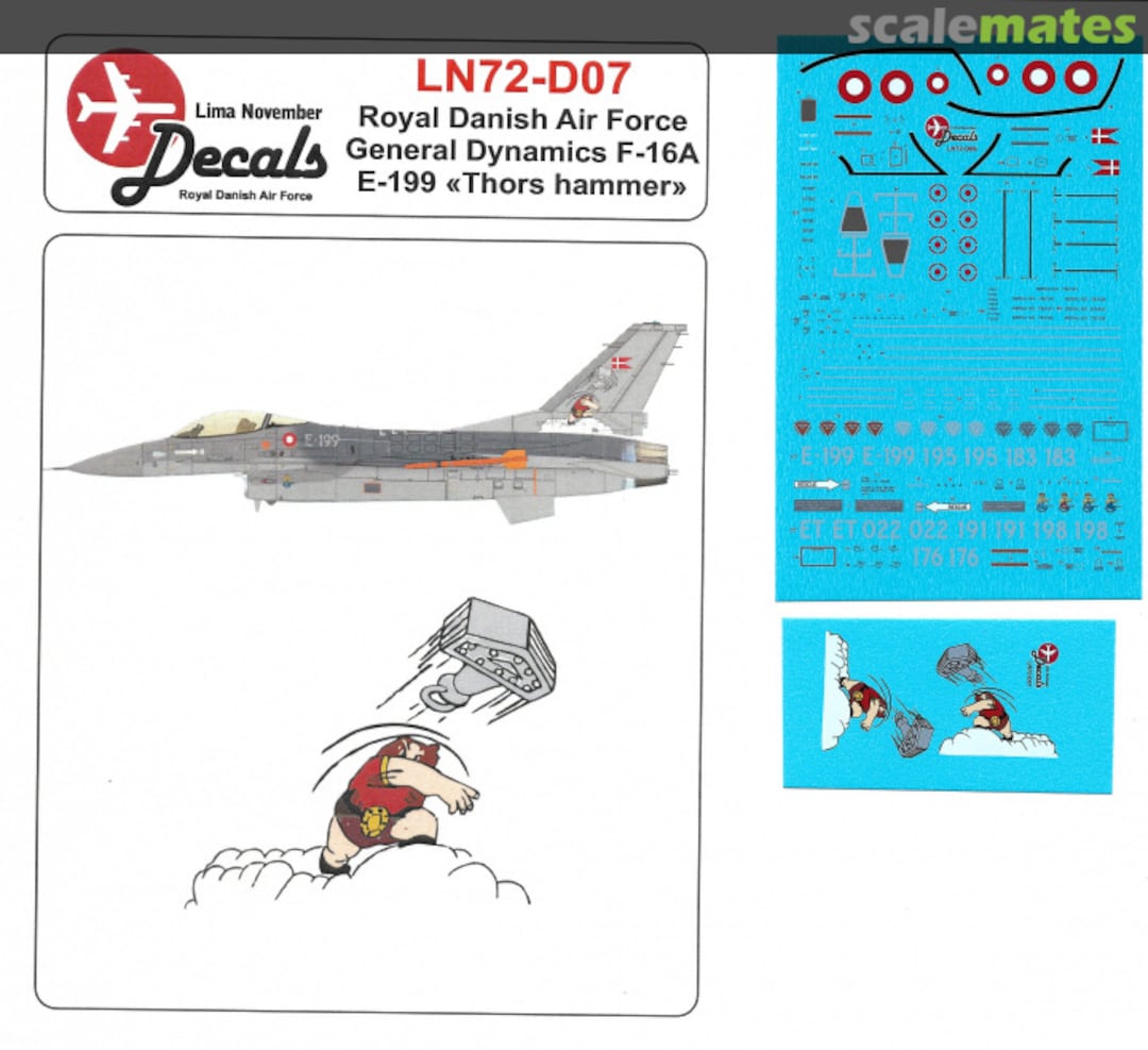 Boxart RDAF General-Dynamics F-16A E-199 'Thors Hammer' LN72-D07 Lima November Decals Boxart RDAF General-Dynamics F-16A E-199 'Thors Hammer' LN72-D07 Lima November Decals