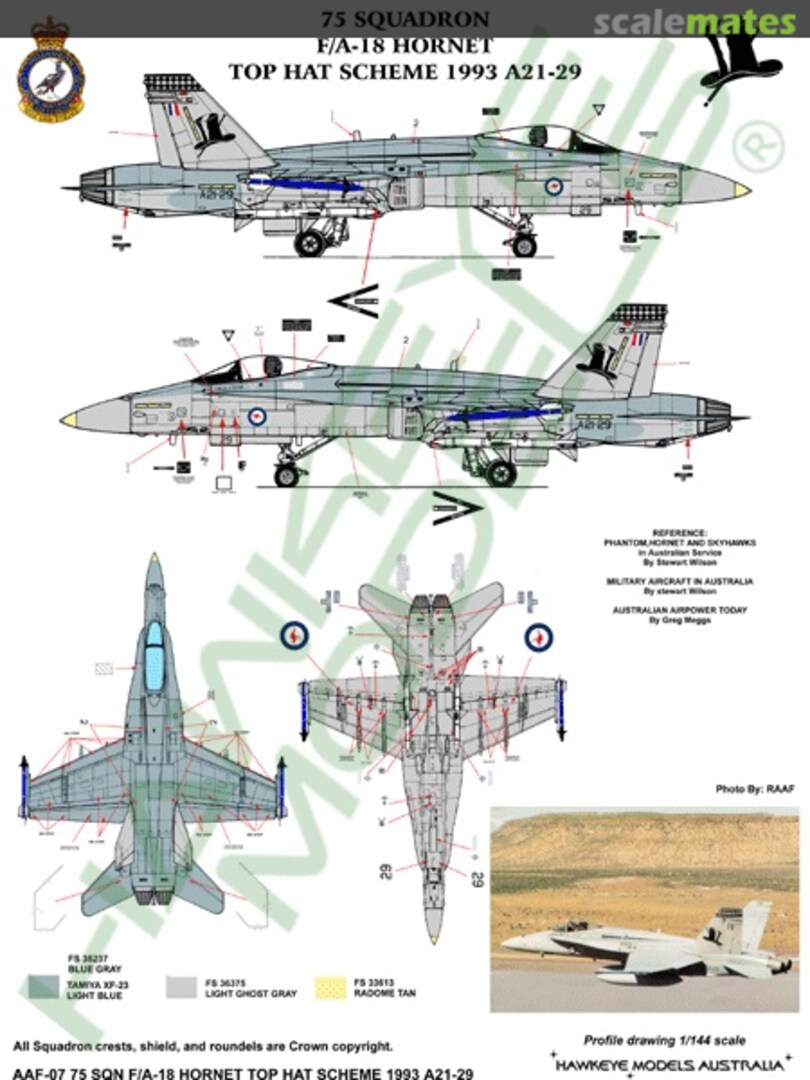 Boxart RAAF F/A-18A Hornet, A21-29, 75 Sqn, Top Hat Scheme, High Viz 1993 AAF-007 Hawkeye Models Boxart RAAF F/A-18A Hornet, A21-29, 75 Sqn, Top Hat Scheme, High Viz 1993 AAF-007 Hawkeye Models
