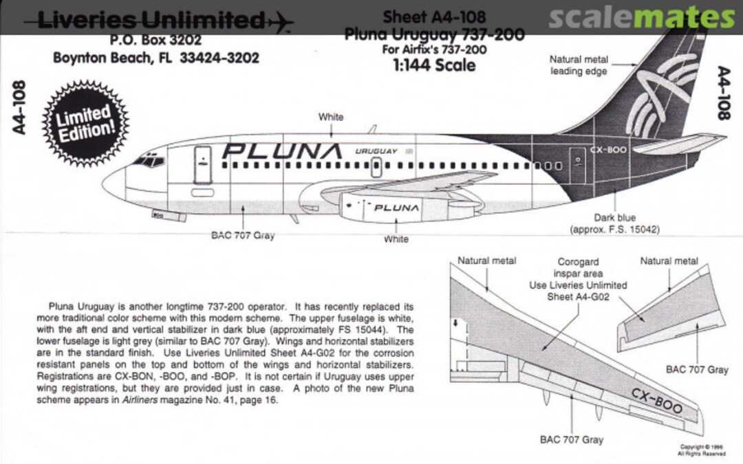 Boxart Pluna Uruguay 737-200 A4-108 Liveries Unlimited/Airway Graphics Boxart Pluna Uruguay 737-200 A4-108 Liveries Unlimited/Airway Graphics