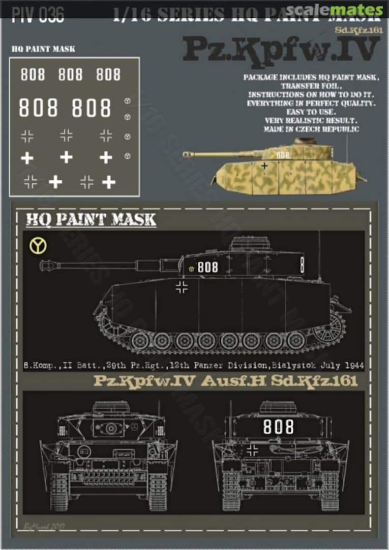 Boxart Pz.Kpfw.IV Ausf.H 8.Komp. II Batt. 29th Pz.Rgt. 12th Pz.Div. Bialystok July 1944 Paint Mask PIV 036 HQ-Masks Boxart Pz.Kpfw.IV Ausf.H 8.Komp. II Batt. 29th Pz.Rgt. 12th Pz.Div. Bialystok July 1944 Paint Mask PIV 036 HQ-Masks