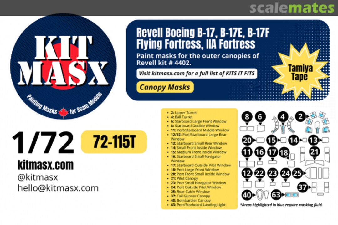 Boxart Boeing B-17, B-17E, B-17F Flying Fortress, IIA Fortress, canopy masks 72-115T Kit Masx