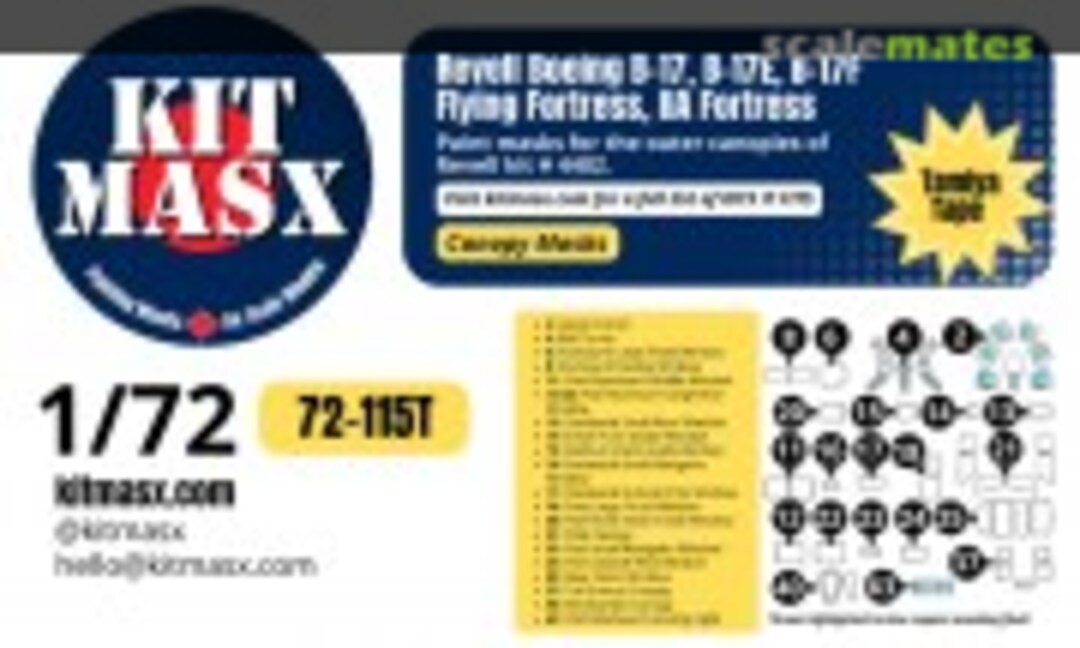 1:72 Boeing B-17, B-17E, B-17F Flying Fortress, IIA Fortress, canopy masks (Kit Masx 72-115T) 72-115T