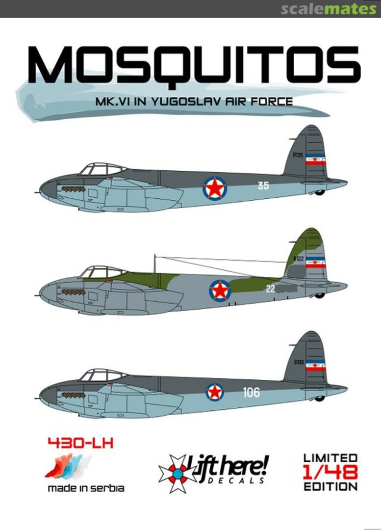 Boxart Mosquitos, Mk.VI in Yugoslav Air Force 430-LH Lift Here Decals Boxart Mosquitos, Mk.VI in Yugoslav Air Force 430-LH Lift Here Decals