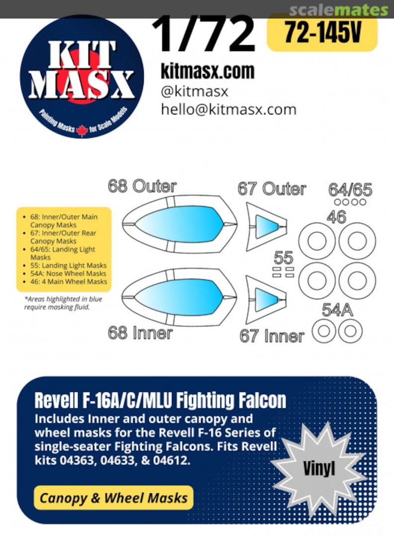 Boxart F-16A/C/MLU Fighting Falcon Canopy & Wheel Masks 72-145V Kit Masx