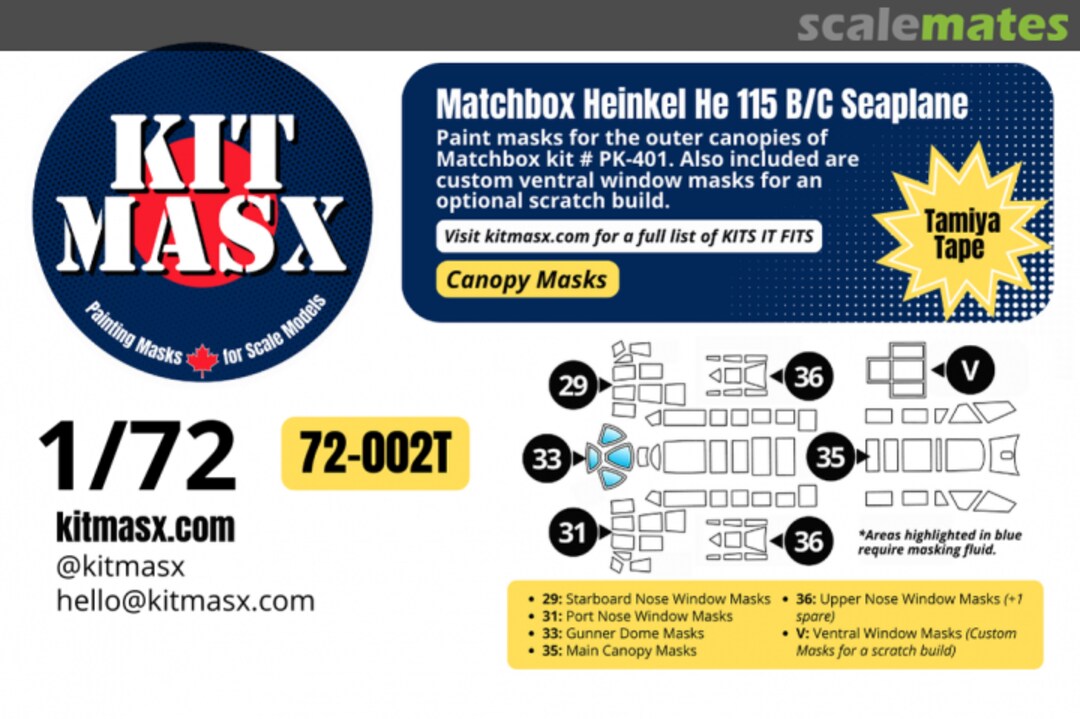Boxart Heinkel He 115 B/C Seaplane, canopy masks 72-002T Kit Masx Boxart Heinkel He 115 B/C Seaplane, canopy masks 72-002T Kit Masx