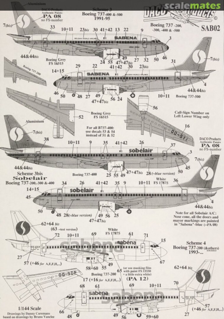 Boxart Sabena scheme 1970 & '80 B737 DSCAB02 Skyline Decals
