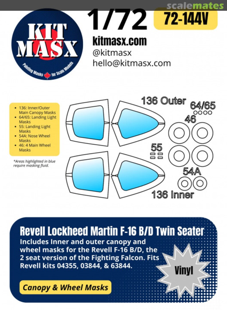 Boxart Lockheed Martin F-16 B/D Twin Seater Canopy & Wheel Masks 72-144V Kit Masx
