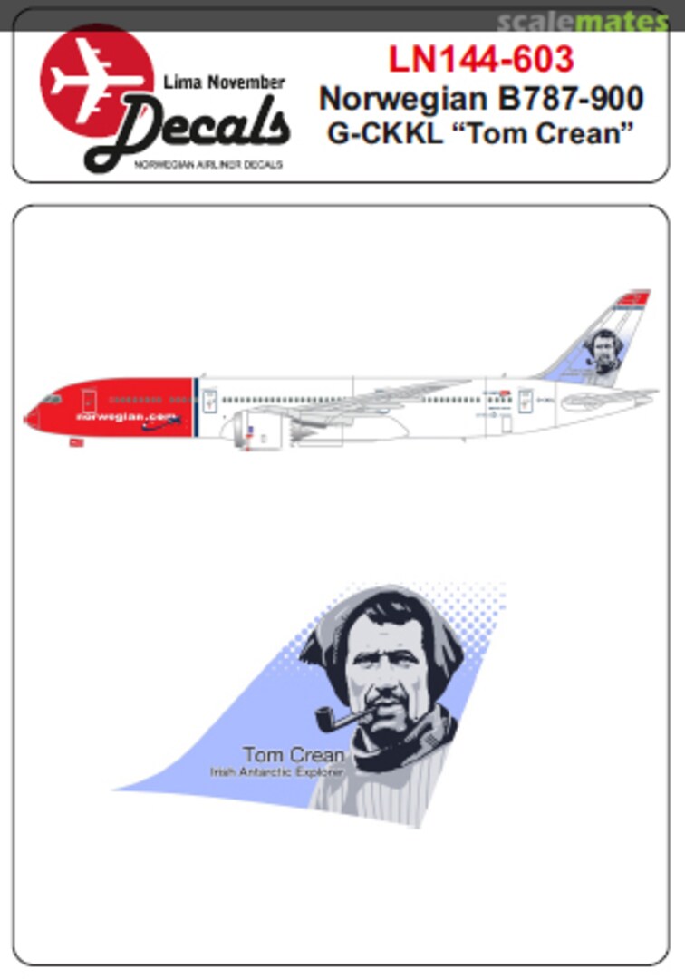 Boxart Norwegian Boeing 787-900 with Tom Crean on tail LN144-603 Lima November Decals Boxart Norwegian Boeing 787-900 with Tom Crean on tail LN144-603 Lima November Decals