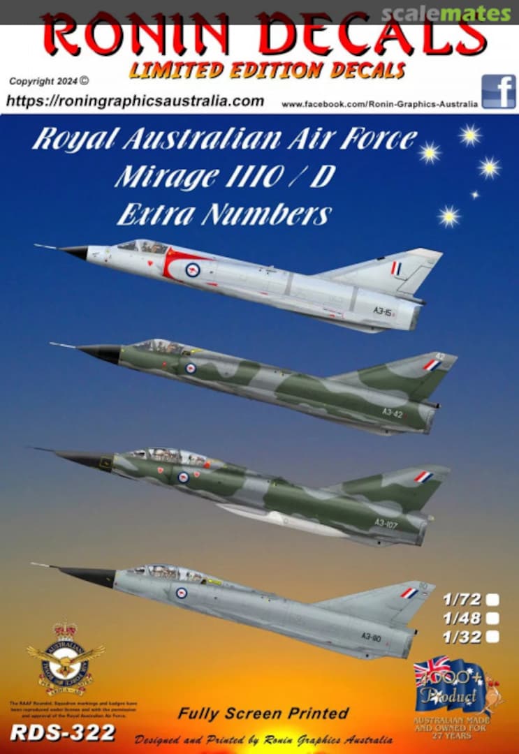 Boxart RAAF Mirage IIIO/D Extra Numbers RDS-322 Ronin Decals Boxart RAAF Mirage IIIO/D Extra Numbers RDS-322 Ronin Decals