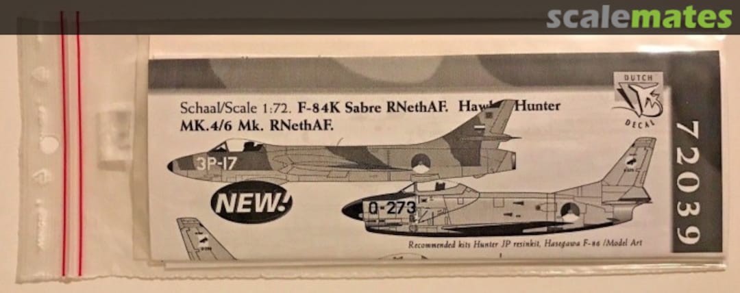 Boxart F-86 K Sabre RNethAF. Hawker Hunter Mk.4/6 Mk. RNethAF 72039 Dutch Decal Boxart F-86 K Sabre RNethAF. Hawker Hunter Mk.4/6 Mk. RNethAF 72039 Dutch Decal
