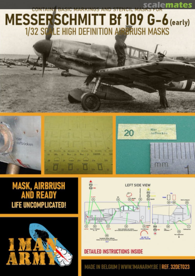Boxart Messerschmitt Bf 109G-6 (early) stencilling and national insignia masks 32DET023 1ManArmy Boxart Messerschmitt Bf 109G-6 (early) stencilling and national insignia masks 32DET023 1ManArmy