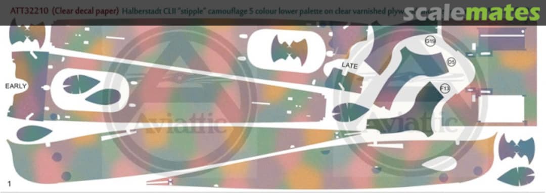 Boxart Halberstadt CL.II stipple camouflage 5 colour lower palette on clear varnished plywood, grey enamel ATT32210 Aviattic Boxart Halberstadt CL.II stipple camouflage 5 colour lower palette on clear varnished plywood, grey enamel ATT32210 Aviattic