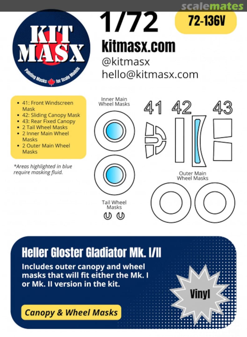 Boxart Gloster Gladiator Mk. I/II Canopy & Wheel Masks 72-136V Kit Masx Boxart Gloster Gladiator Mk. I/II Canopy & Wheel Masks 72-136V Kit Masx