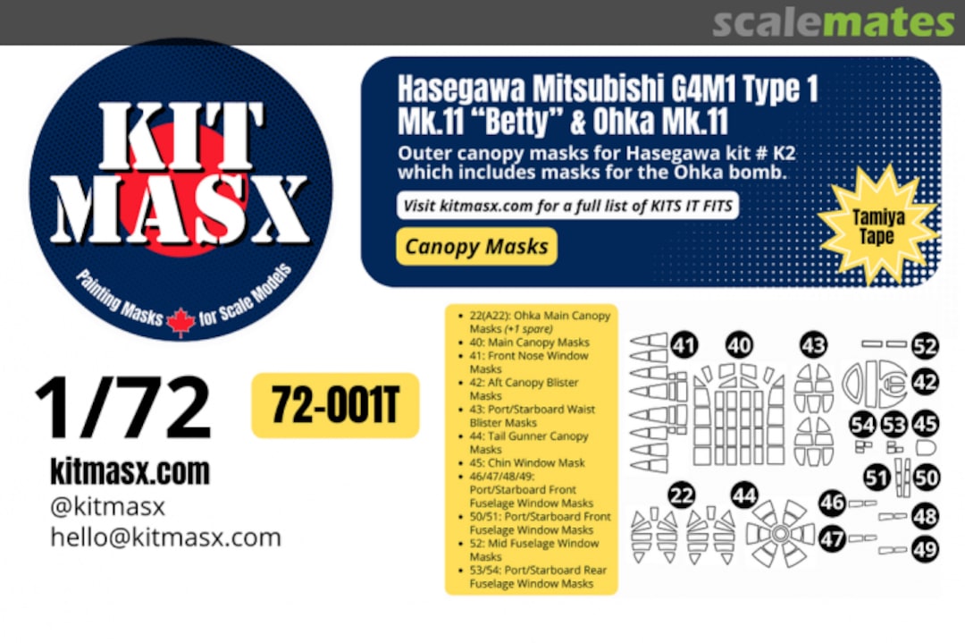 Boxart Mitsubishi G4M1 Type 1 Mk.11 Betty & Ohka Mk.11, canopy masks 72-001T Kit Masx