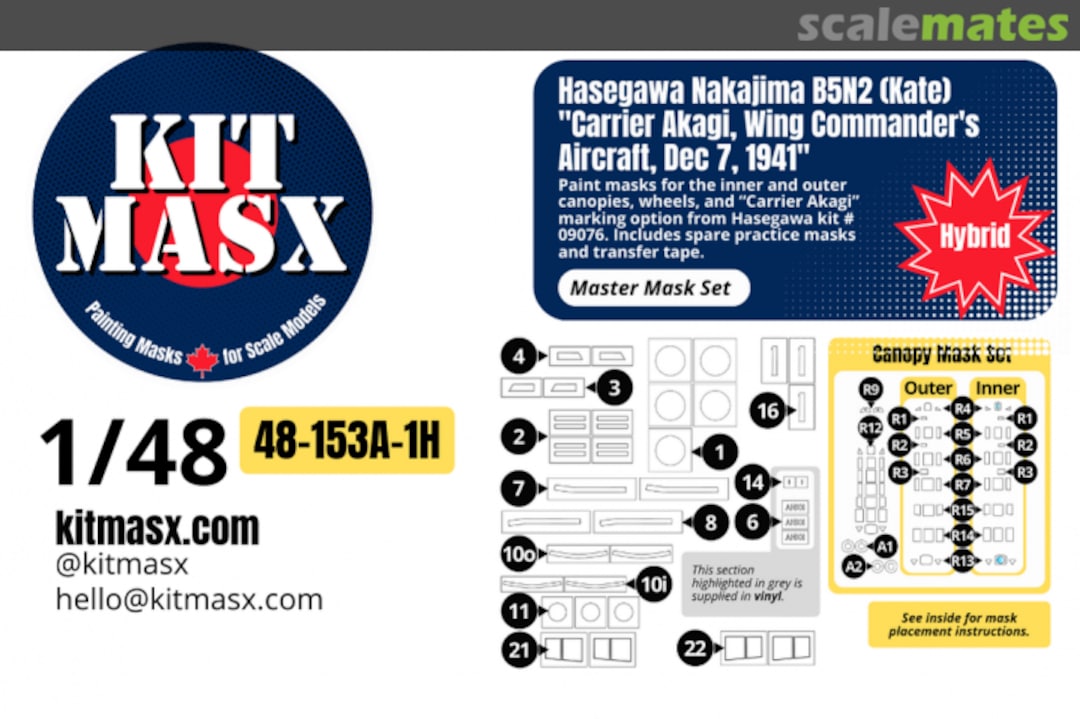 Boxart Nakajima B5N2 (Kate) 'Carrier Akagi, Wing Commander's Aircraft, Dec7, 1941', main markings masks, canopy and wheel masks 48-153A-1H Kit Masx Boxart Nakajima B5N2 (Kate) 'Carrier Akagi, Wing Commander's Aircraft, Dec7, 1941', main markings masks, canopy and wheel masks 48-153A-1H Kit Masx