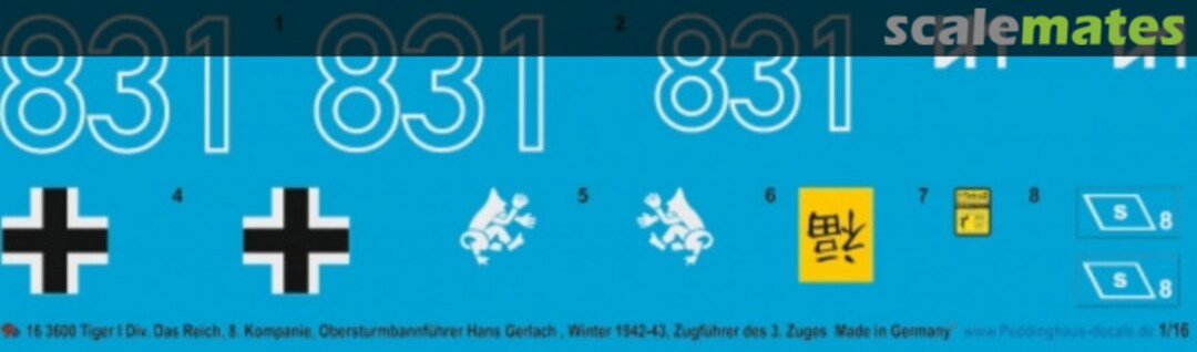 Boxart Tiger I Div. "Das Reich" Obersturmführer Hans Gerlach, Winter 1942-43, Zugführer des 3. Zuges 16 3600 Peddinghaus-Decals Boxart Tiger I Div. "Das Reich" Obersturmführer Hans Gerlach, Winter 1942-43, Zugführer des 3. Zuges 16 3600 Peddinghaus-Decals
