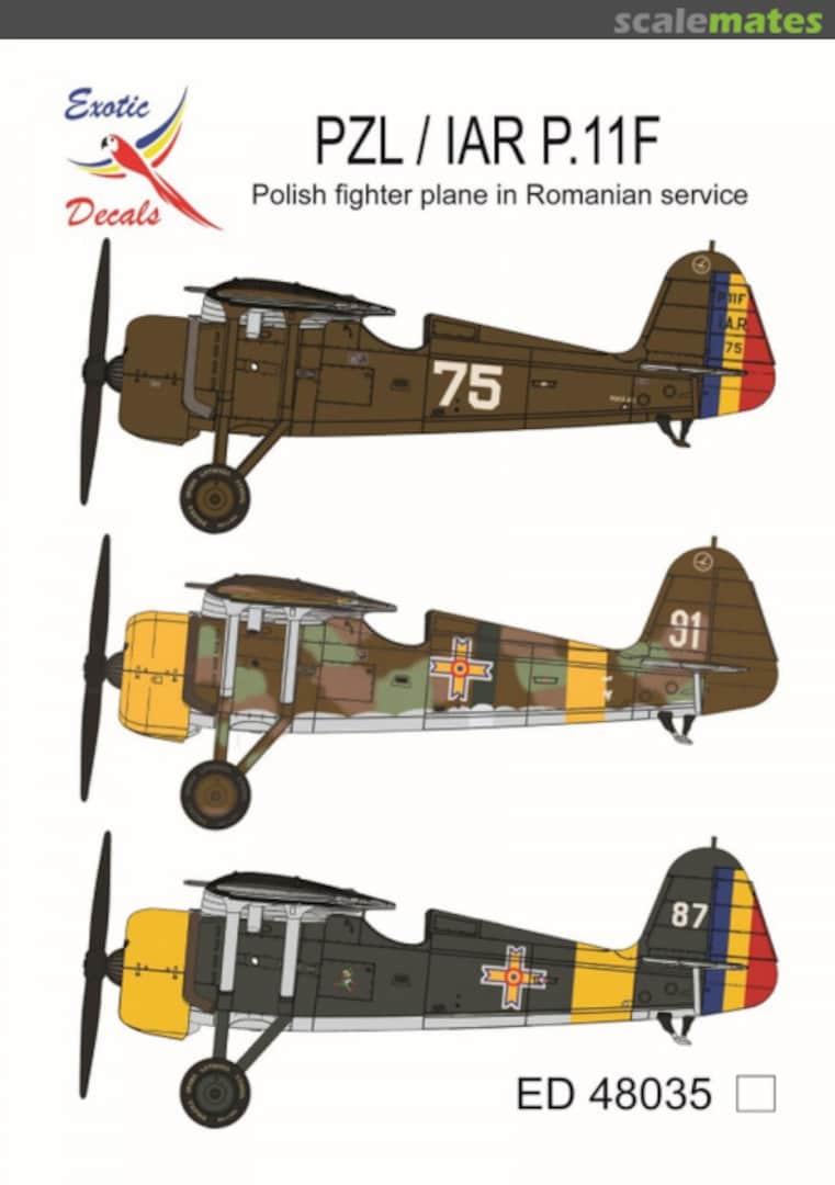 Boxart PZL/IAR P.11F Polish Fighter Plane in Romanian Service Decals (8 different markings decals enough for one model only) ED48035 Exotic Decals Boxart PZL/IAR P.11F Polish Fighter Plane in Romanian Service Decals (8 different markings decals enough for one model only) ED48035 Exotic Decals