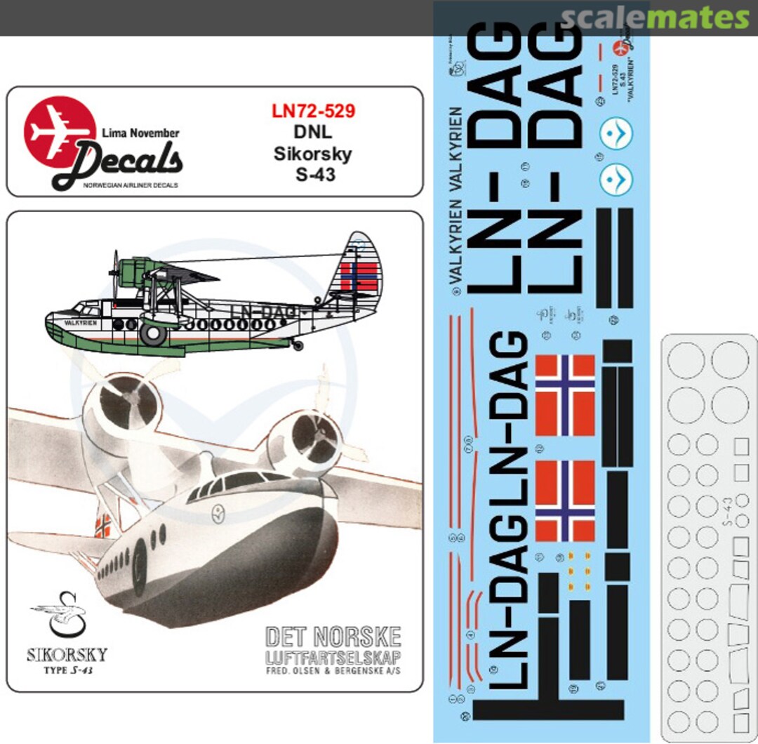 Boxart Re-printed! DNL Det Norske Luftfartselskap Sikorsky S-43 for Sword or Special Hobby kits. Includingmasks for the windows. LN72-529 Lima November Decals Boxart Re-printed! DNL Det Norske Luftfartselskap Sikorsky S-43 for Sword or Special Hobby kits. Includingmasks for the windows. LN72-529 Lima November Decals