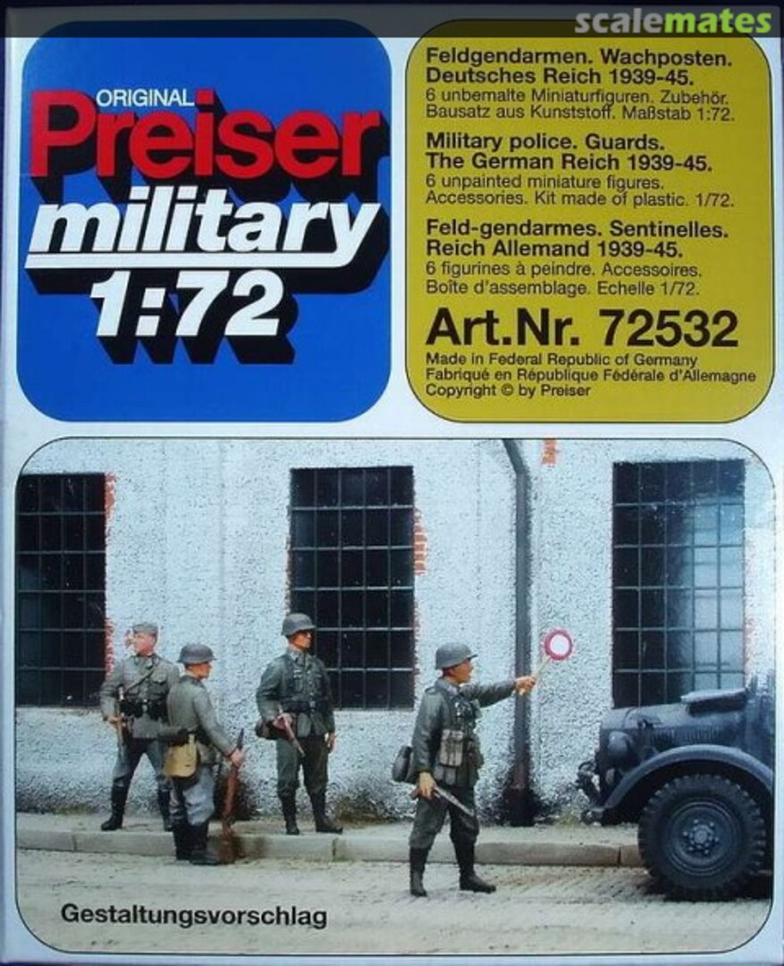Boxart Feldgendarmen, Wachposten WKII Wehrmacht Bild 72532 Preiser Boxart Feldgendarmen, Wachposten WKII Wehrmacht Bild 72532 Preiser