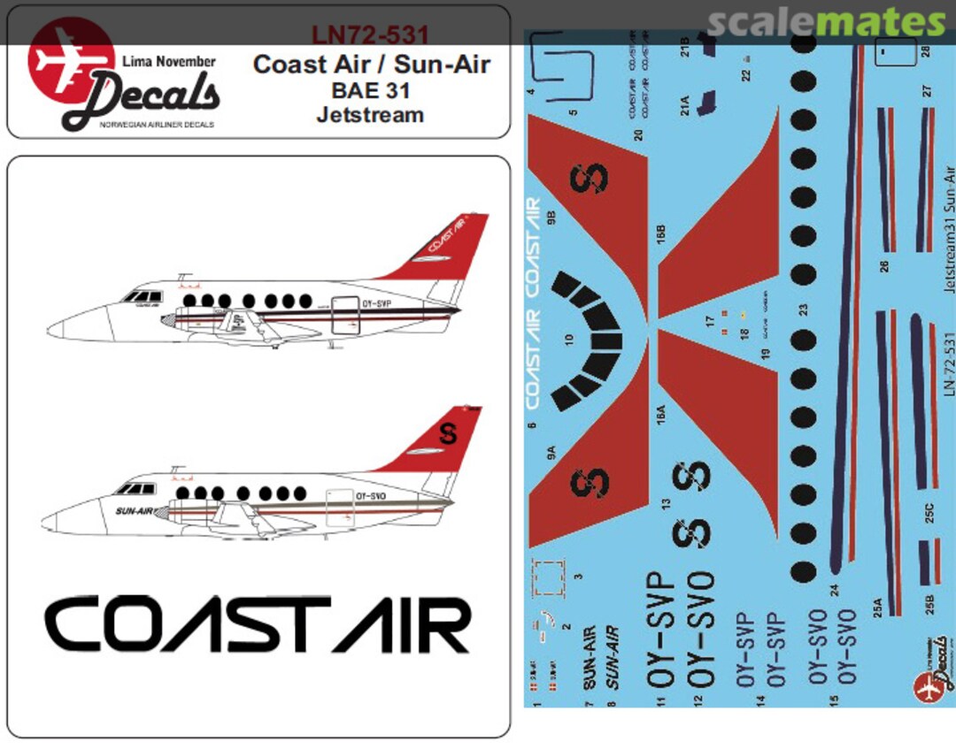 Boxart Sun-Air + leased by Coast Air BAE 31 Jetstream including masks. [BAe Jetstream 32] LN72-531 Lima November Decals