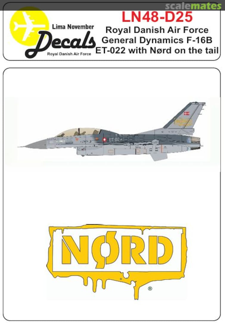 Boxart RDAF F-16B with Nørd (nerd) on tail LN48-D25 Lima November Decals Boxart RDAF F-16B with Nørd (nerd) on tail LN48-D25 Lima November Decals