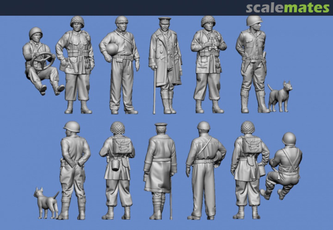 Boxart U.S. Army General Patton with dog Willie, driver + 4 officers for the Dodge Command Car GF72-WW2-243 Germania Figuren Boxart U.S. Army General Patton with dog Willie, driver + 4 officers for the Dodge Command Car GF72-WW2-243 Germania Figuren