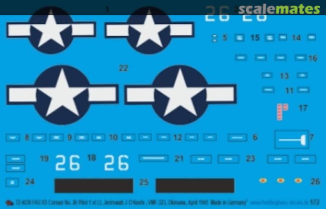 Boxart F4U-1D Corsair No. 26 Pilot 1st Lt. Jerimaiah J O‘Keefe, VMF-323, Okinawa, April 1945 72 4039 Peddinghaus-Decals Boxart F4U-1D Corsair No. 26 Pilot 1st Lt. Jerimaiah J O‘Keefe, VMF-323, Okinawa, April 1945 72 4039 Peddinghaus-Decals