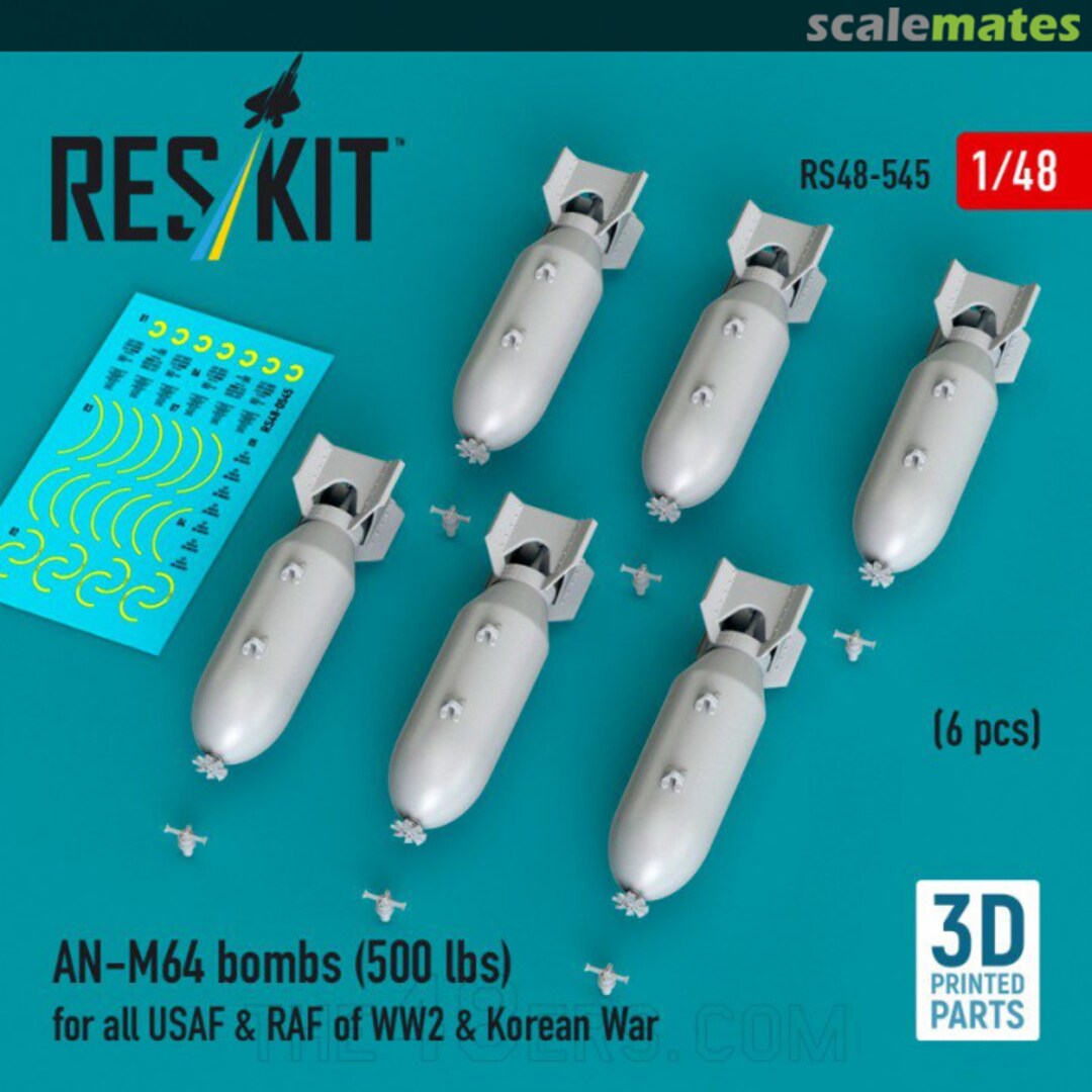Boxart AN-M64 bombs (500 lbs) for all USAF & RAF of WW2 & Korean War (6 pcs) (3D Printed) RS48-0545 ResKit