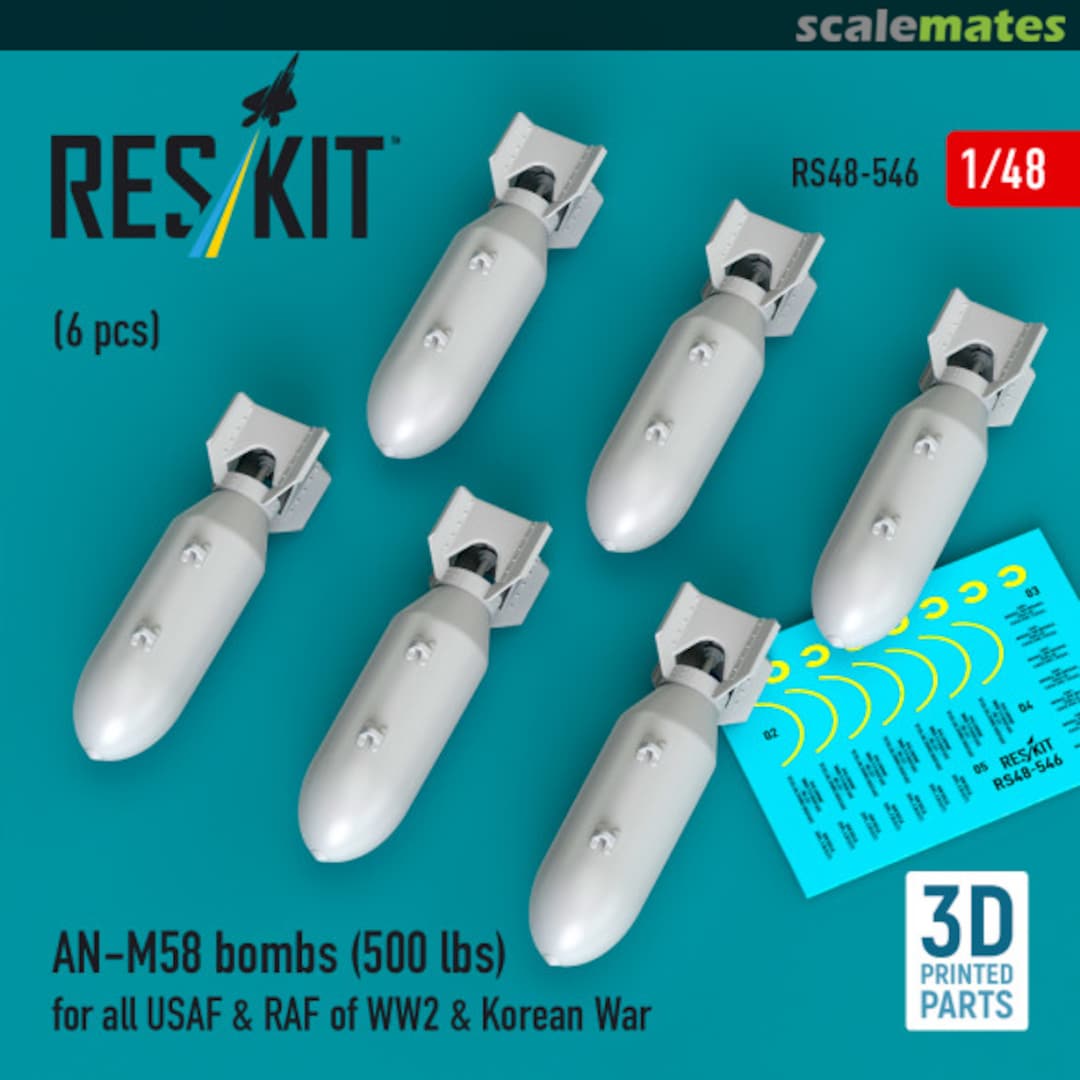 Boxart AN-M58 bombs (500 lbs) for all USAF & RAF of WW2 & Korean War (6 pcs) (3D Printed) RS48-0546 ResKit