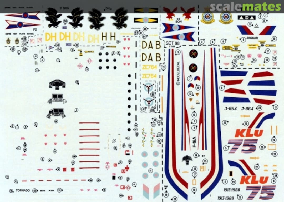 Boxart Royal Air Force: Tornado F.2/F.3, Jaguar GR.1A. ; Royal Neth. Air Force: F-16A 98 Modeldecal Boxart Royal Air Force: Tornado F.2/F.3, Jaguar GR.1A. ; Royal Neth. Air Force: F-16A 98 Modeldecal