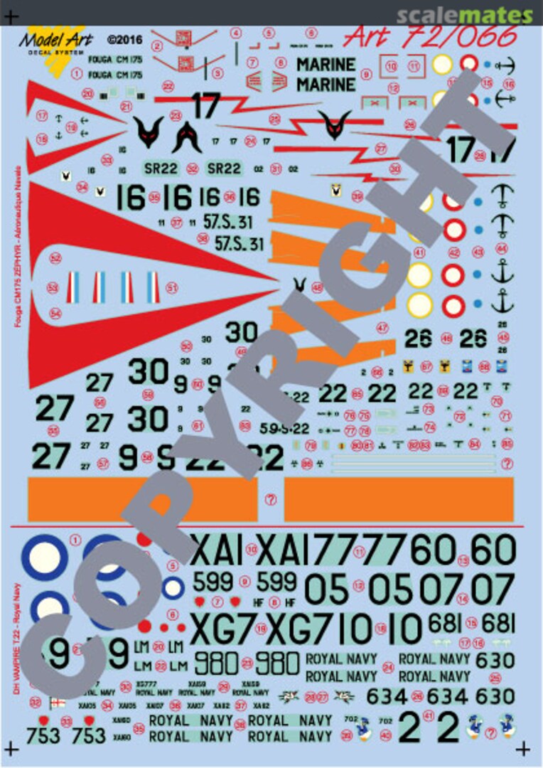 Boxart Fouga CM175 Zéphyr, De Havilland T.22 Vampire 72/066 Model Art Decal System