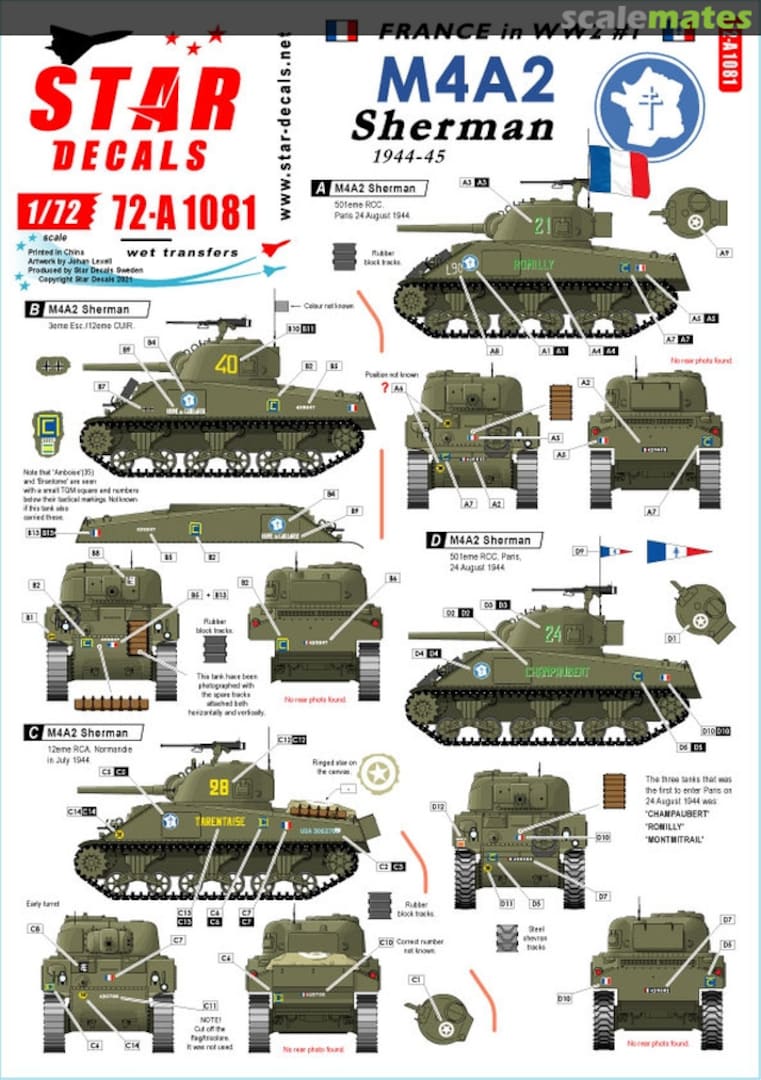 Boxart French M4A2 Sherman 72-A1081 Star Decals Boxart French M4A2 Sherman 72-A1081 Star Decals