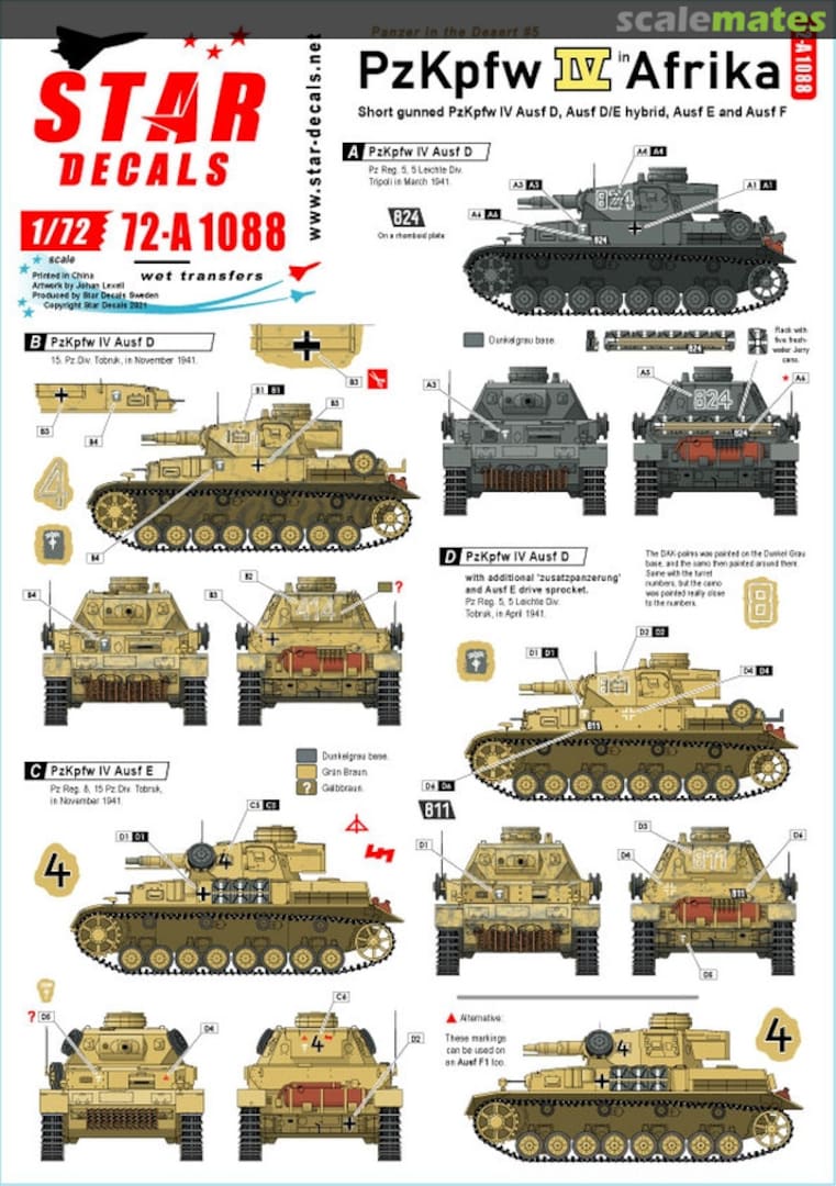 Boxart PzKpfw IV Ausf D, D/E Hybrid, E and F1, in North Africa 72-A1088 Star Decals Boxart PzKpfw IV Ausf D, D/E Hybrid, E and F1, in North Africa 72-A1088 Star Decals