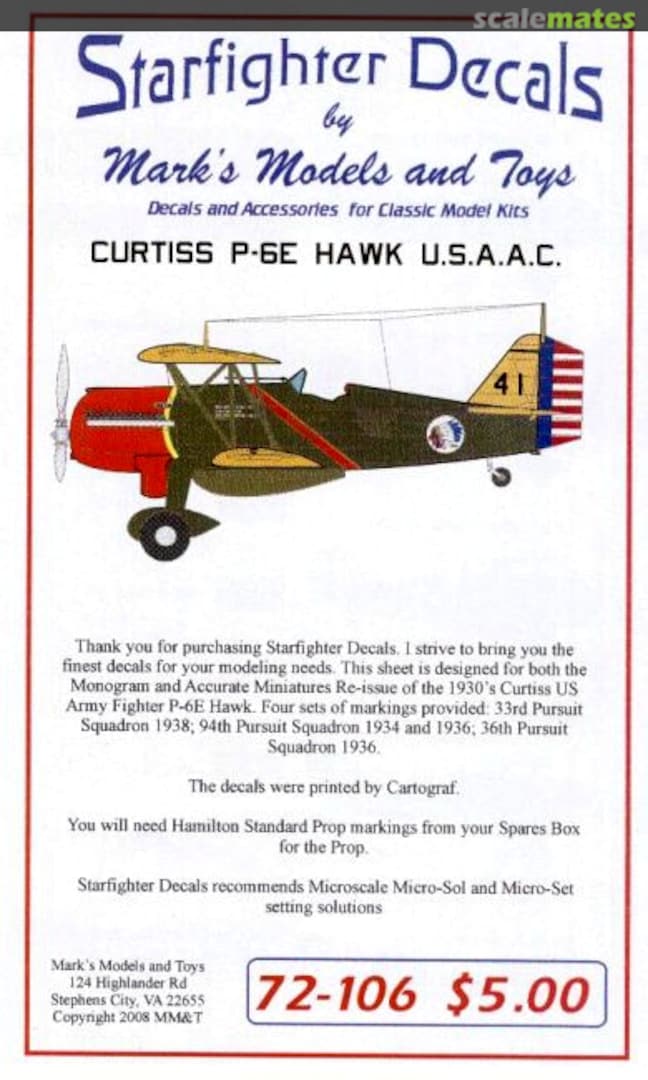 Boxart Curtiss P-6E Hawk U.S.A.A.C 72-106 Starfighter Decals Boxart Curtiss P-6E Hawk U.S.A.A.C 72-106 Starfighter Decals