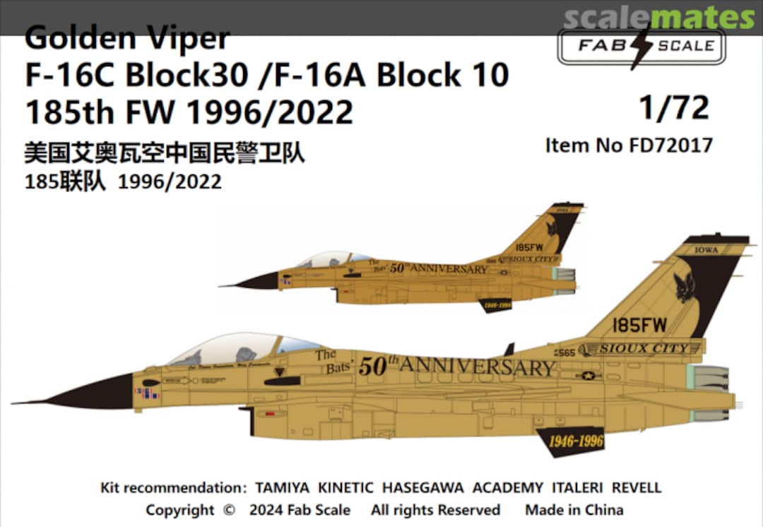 Boxart F-16C Block 30 /F-16A Block 10 185th FW 1996/2022 FD72017 Fab Scale Boxart F-16C Block 30 /F-16A Block 10 185th FW 1996/2022 FD72017 Fab Scale